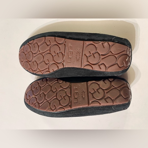 UGG Ansley 7 Black Suede Moccasin Slippers Shearling Fur Lined Lounge Shoe - Picture 9 of 10